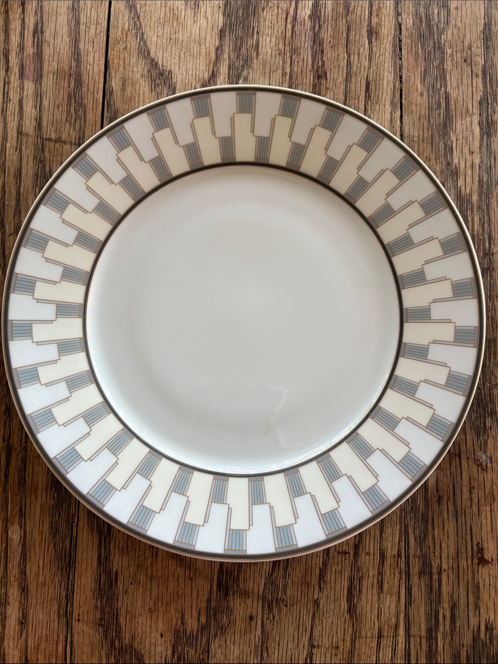 Tiffany & Co. Century White Salad Plate with Gold Trim and Gray Geometric Border